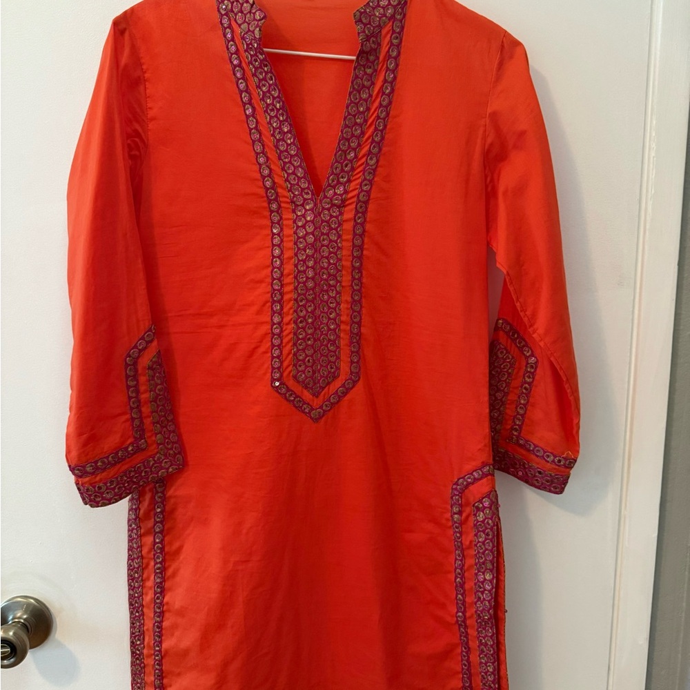 Brocades Vibrant Orange Kurti Tunic with Magenta and Gold Trim
